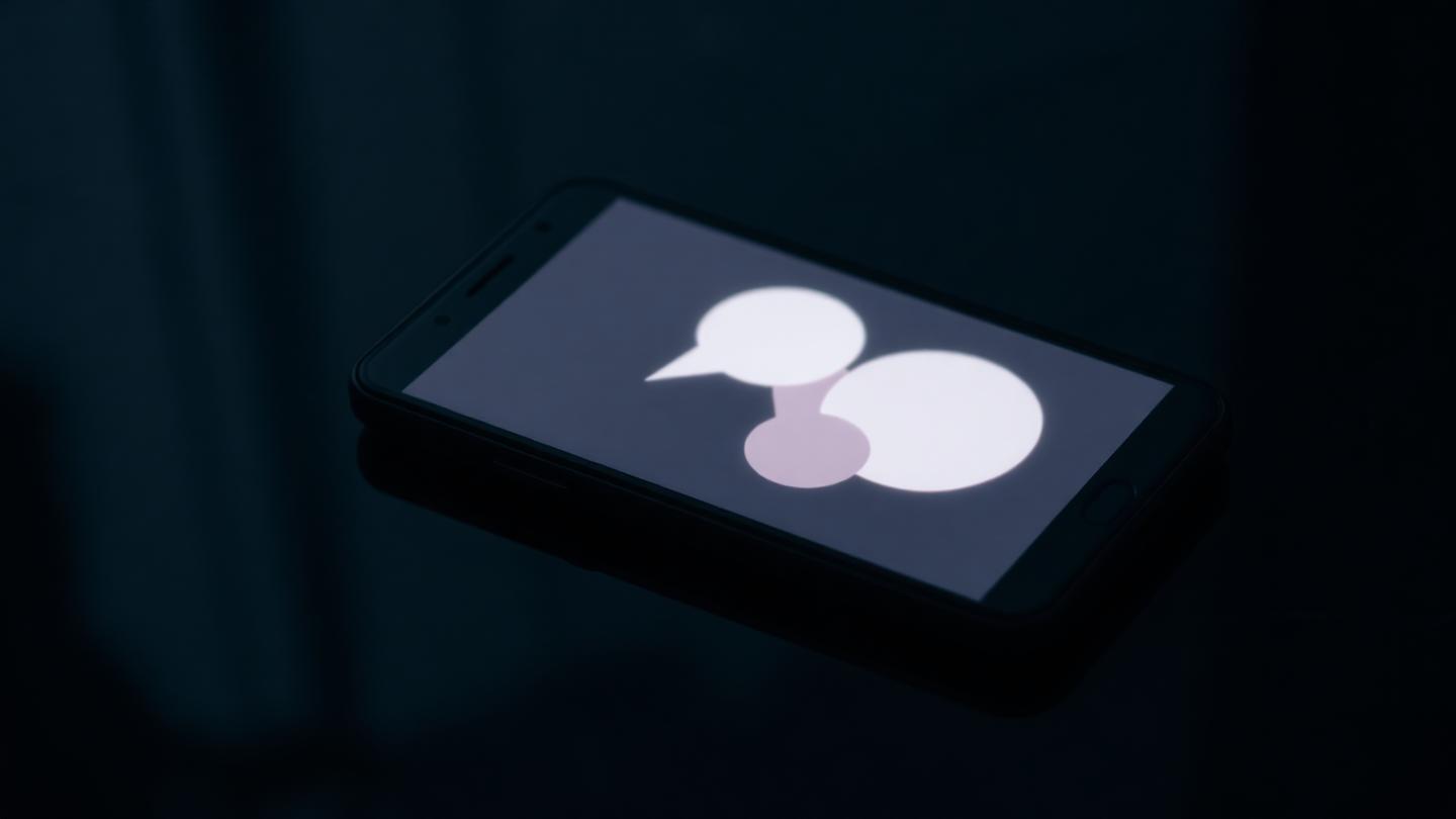 Smartphone glowing in the dark displaying abstract blurred chat bubbles.