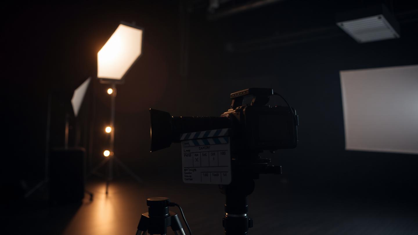 Film camera and clapperboard on a softly lit set, ready for the take.