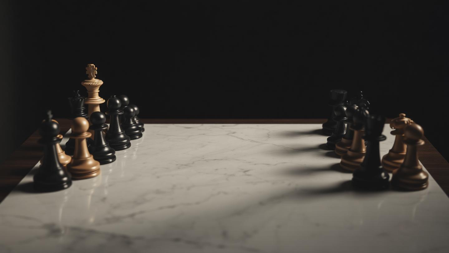 Black and white chess pieces facing off on a marble board, side lighting.