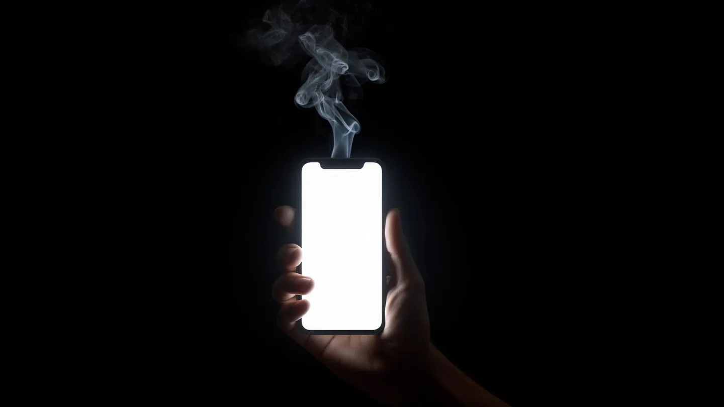 Hand holding a smartphone with a glowing white screen in the dark, a wisp of smoke rising from it: a defamatory rumor spreading across social media.