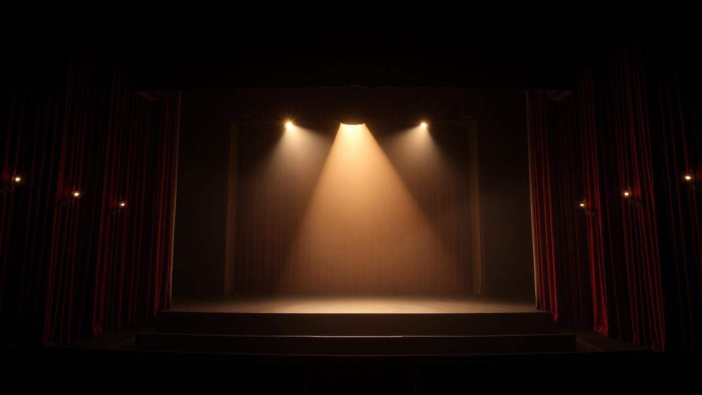Empty theatre stage seen from the wings, crossed by a beam of warm light.