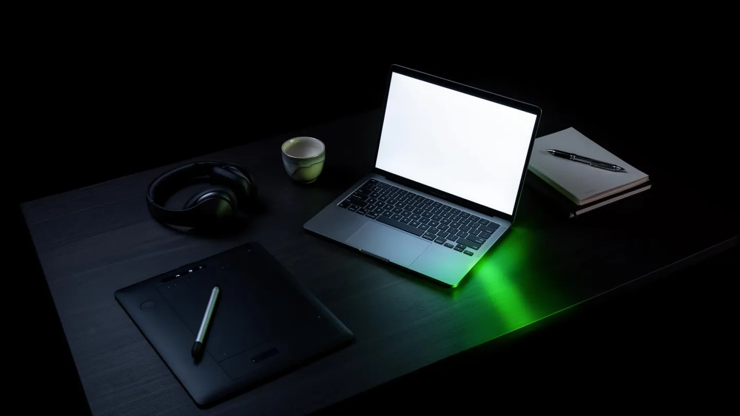 Contemporary creator's desk in the dark: laptop, graphic tablet and stylus, headphones, notebook, green glow evoking digital creation protected by copyright.