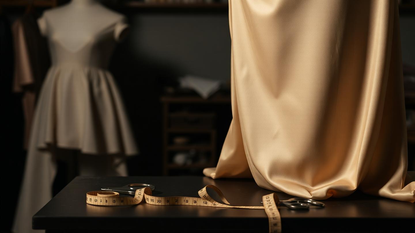 Dressmaker's form draped in beige silk in a fashion atelier, measuring tape in view.