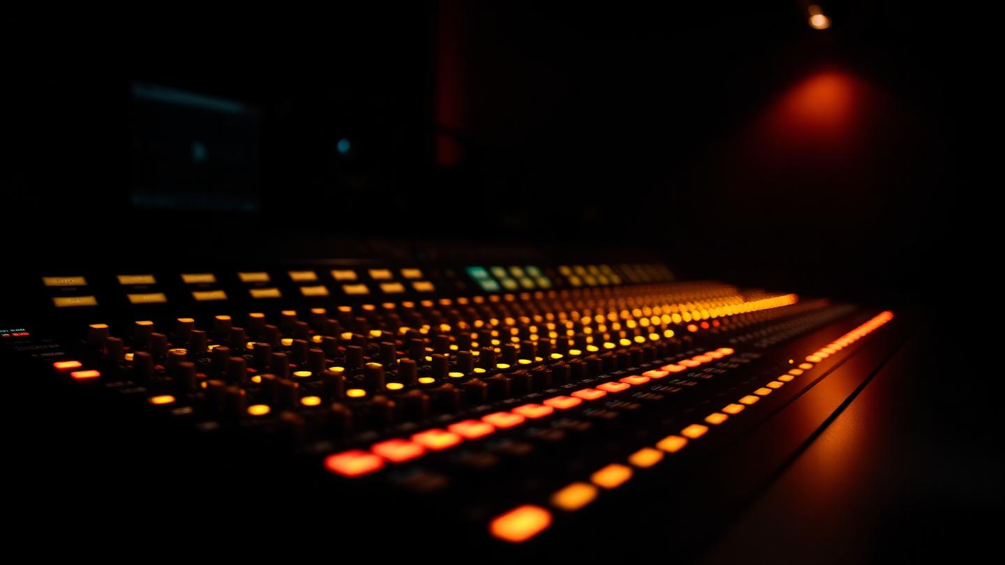 Professional mixing console with illuminated faders glowing in the dim light of a recording studio.