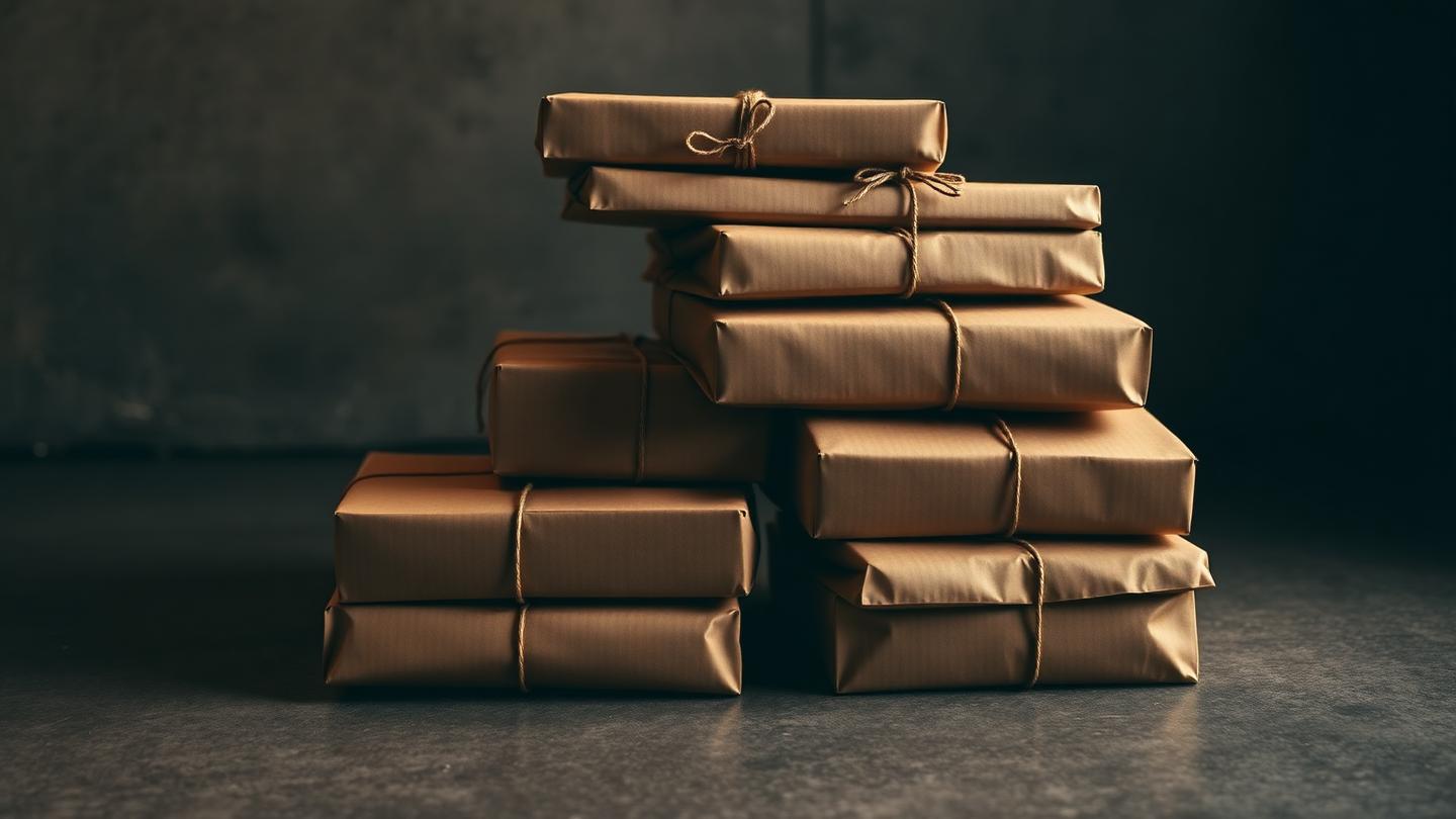 Stack of tied brown kraft parcels resting on a dark concrete floor, softly lit.