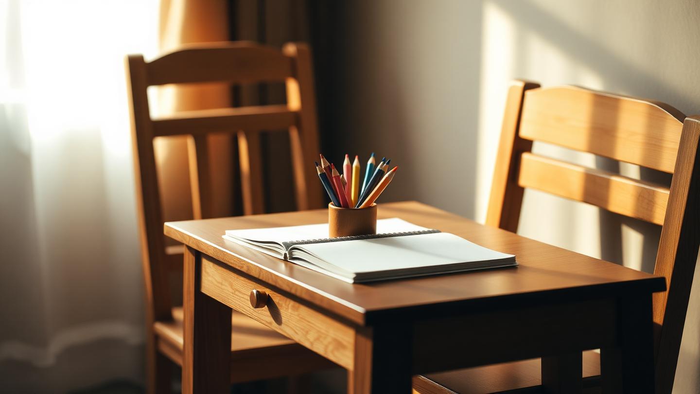 Light wooden child's desk with an open notebook and a pot of coloured pencils, soft natural light.
