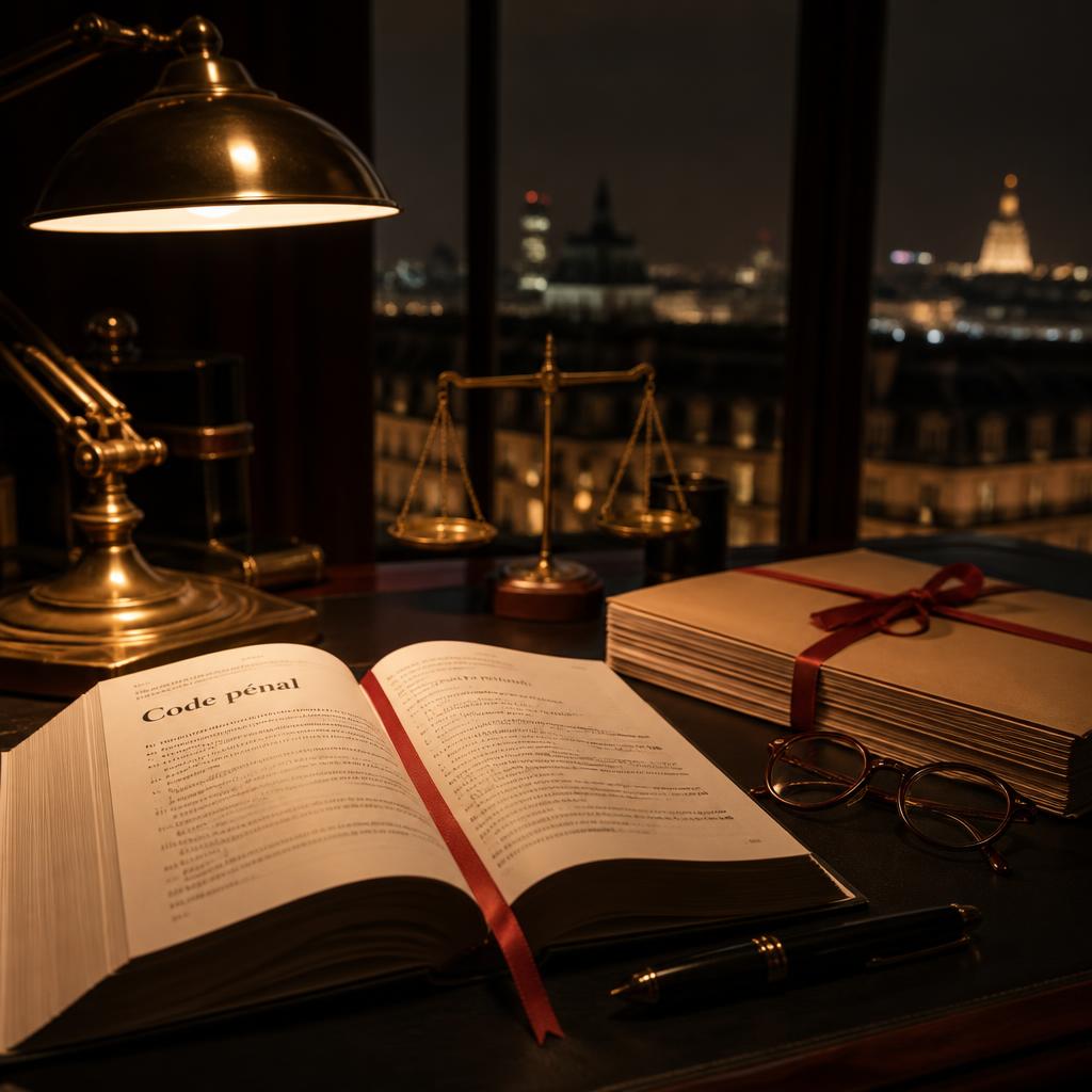 Bureau d'avocat pénaliste à Paris à la nuit tombée : dossier ouvert, code pénal et balance de la justice.