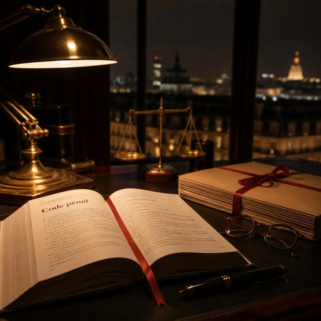 Bureau d'avocat pénaliste à Paris à la nuit tombée : dossier ouvert, code pénal et balance de la justice.