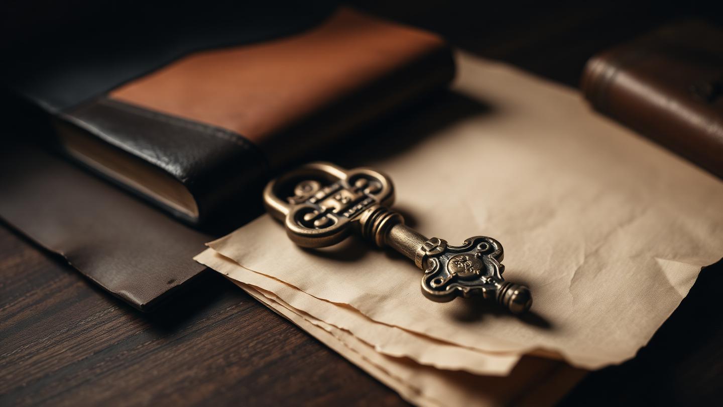 Antique brass key resting on parchment and a leather ledger, a metaphor for rights protection.