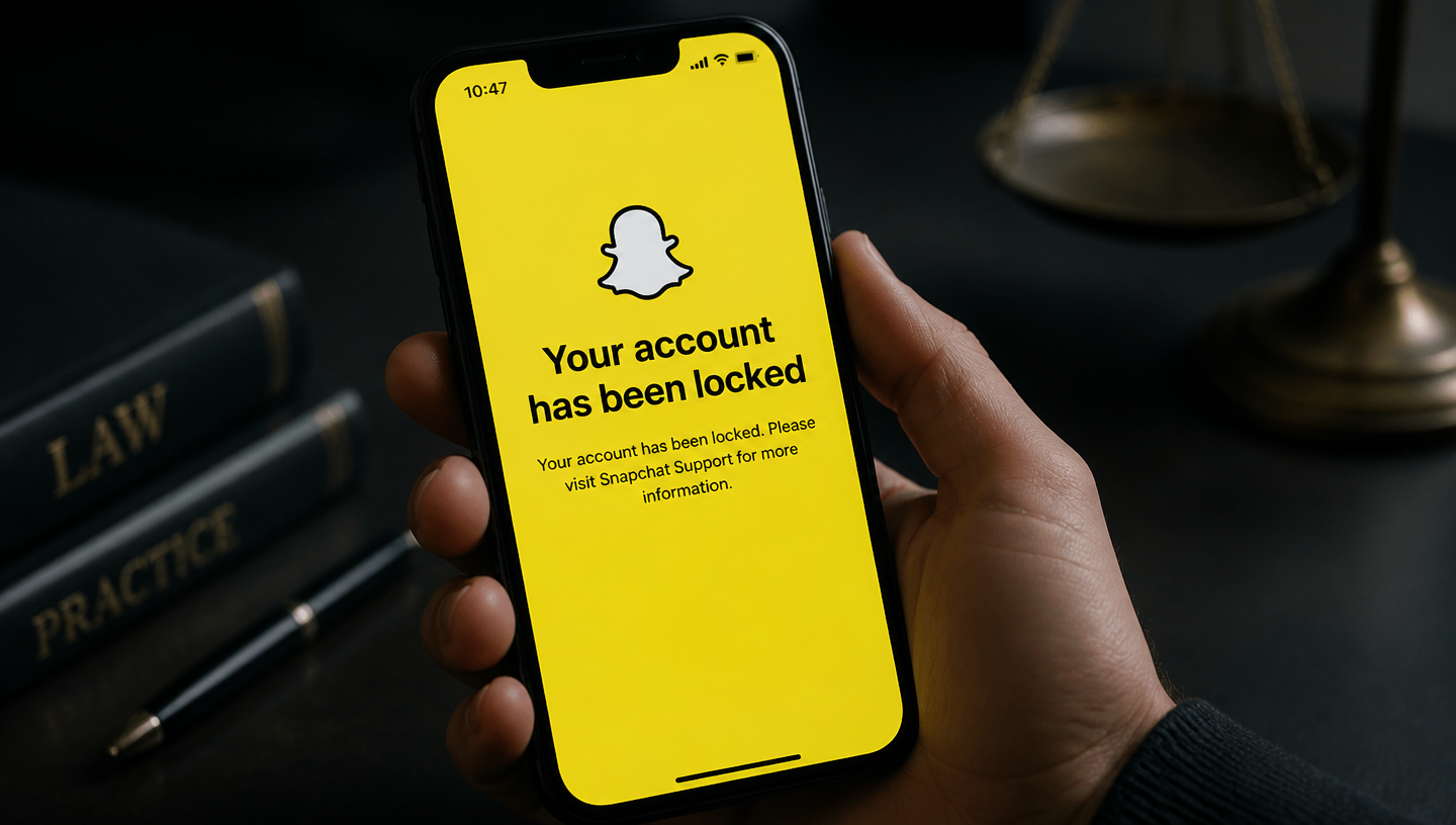 iPhone screen displaying the Snapchat "Your account has been locked" message on a dark background, next to a stack of law books.