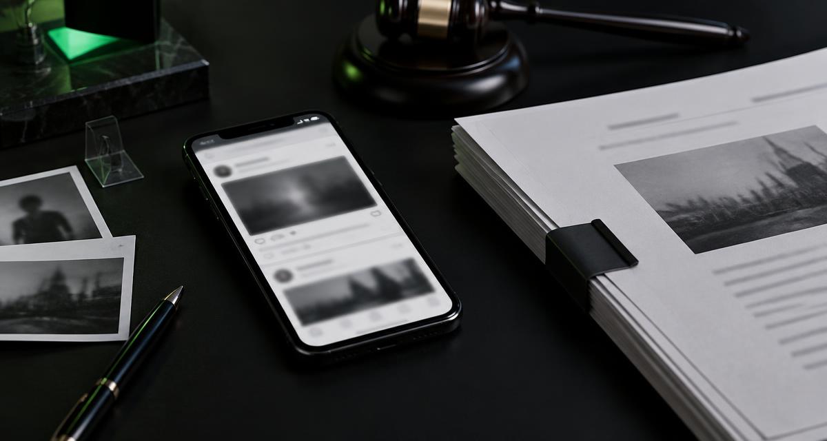 Téléphone affichant des publications sociales à côté d'un dossier judiciaire sur le retrait de contenus illicites
