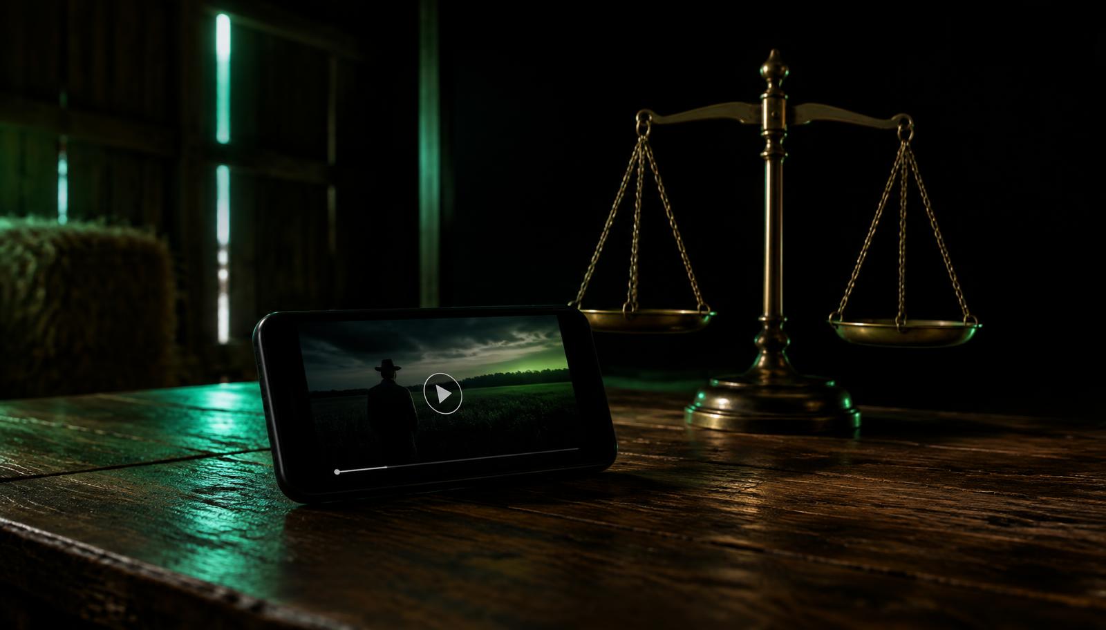 Smartphone diffusant une vidéo à côté d’une balance de justice illustrant la mise en balance entre liberté d’expression et droit de propriété